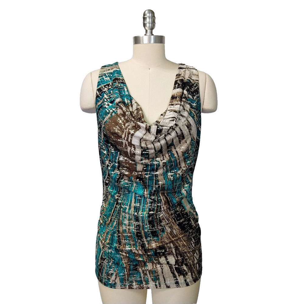 Vintage Trashy Y2K Beyer Cowl Neck Sleeveless Top Size L Metallic Teal Brown 00s